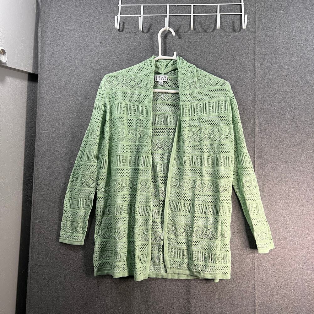 Joan Rivers Crochet Stripe Open Front Cardigan Green Fig SIze XXS